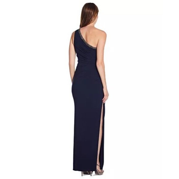 Adrianna Papell Size 12 Navy Blue EMBELLISHED One Shoulder Jersey Gown Dress NWT - Picture 3 of 12